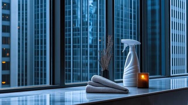 A spray bottle, a cloth, and a dried flower arrangement stand on a windowsill with a lit candle.