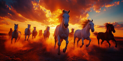 Fototapeta premium horse running in the fire background with smoke. (golden hour) 