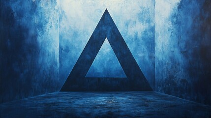 Abstract blue triangle design with textured walls and illuminated atmosphere in a surreal 3D space