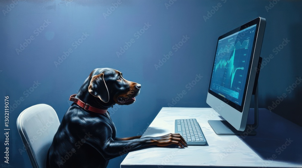 Poster focused dog diligently works at a computer, analyzing data with intent under the cool light in room.