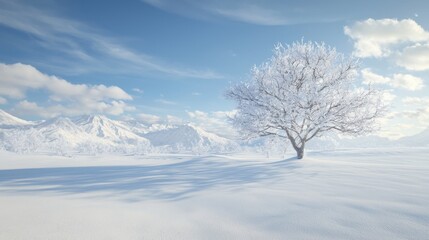 Obraz premium Majestic Frost Covered Tree in Snowy Mountainous Landscape Under Bright Blue Sky