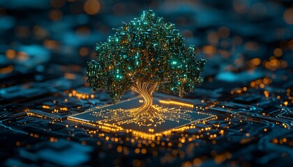 Futuristic Digital Tree Growing from Microchip with Glowing Lights in a High-Tech Environment