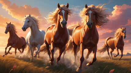 horse running in the fire background with smoke. (golden hour)	
