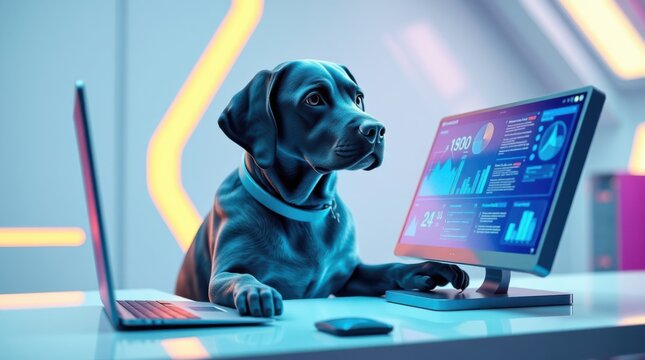 Dog at desk working, looking at computer screen. Financial graphs and data are on the monitor. - Powered by Adobe