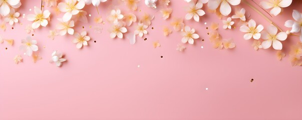 White spring blossoms on pink background with copy space. Romantic floral border for Women's day, Mother's day, or Easter greeting card. Feminine springtime concept.