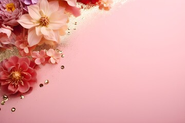 Elegant floral arrangement on pink background with copy space. Romantic composition for Valentine's Day, Mother's Day, or wedding invitations. Feminine beauty concept.