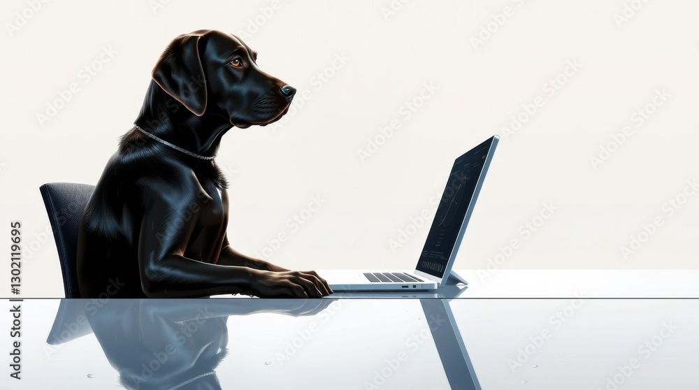 Poster sophisticated canine is engrossed in computer work, blending intelligence with the digital world.