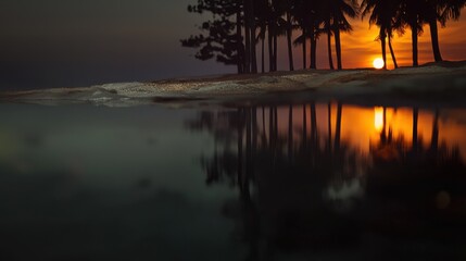 Tropical sunset scene, palm trees silhouette against fiery sky and mirrored water, peaceful paradise, vacation imagery