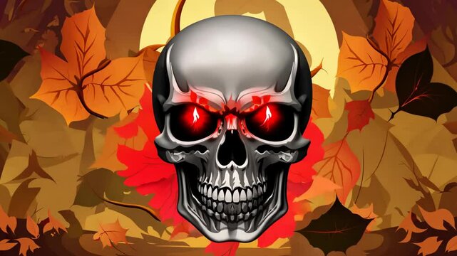 Spooky Halloween Skull with Red Eye in Animated Background for Autumn Celebration