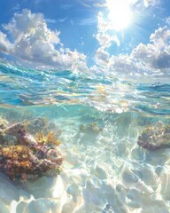 Turquoise Waters of the Ocean Meet Brilliant Sunlight, Coral Reefs, and White Clouds