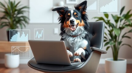 Dog at desk working on laptop with data graphs, sitting in office chair looking happy and productive