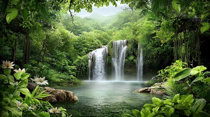 Lush Tropical Waterfall in a Verdant Jungle