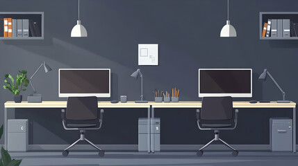 Modern office interior with two desks and computers. AI generate image