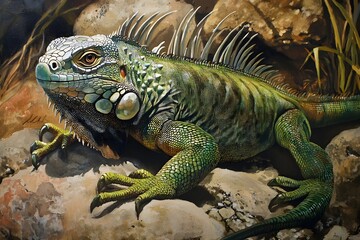 Fototapeta premium Illustration of an iguana featuring shiny green scales with dazzling detail, sharp eyes observing closely, long curved tail resting calmly on a rock, relaxing enjoying the sunlight