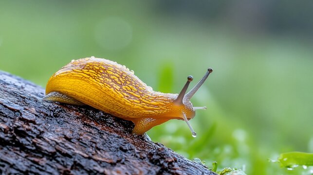 Yellow slug crawling on log, garden background