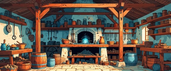 Village blacksmith shop with forge background anime retro cartoon concept illustration