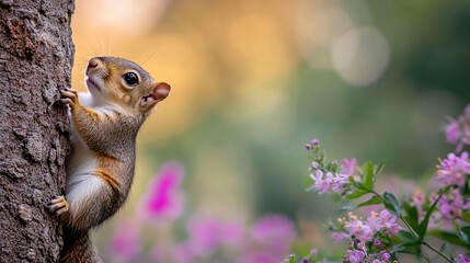 Young squirrel climbing tree, garden bokeh
