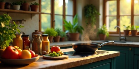 Fototapeta premium A sunlit kitchen countertop displays a cooking pan, fresh vegetables, and spice jars, creating a warm and inviting culinary scene.