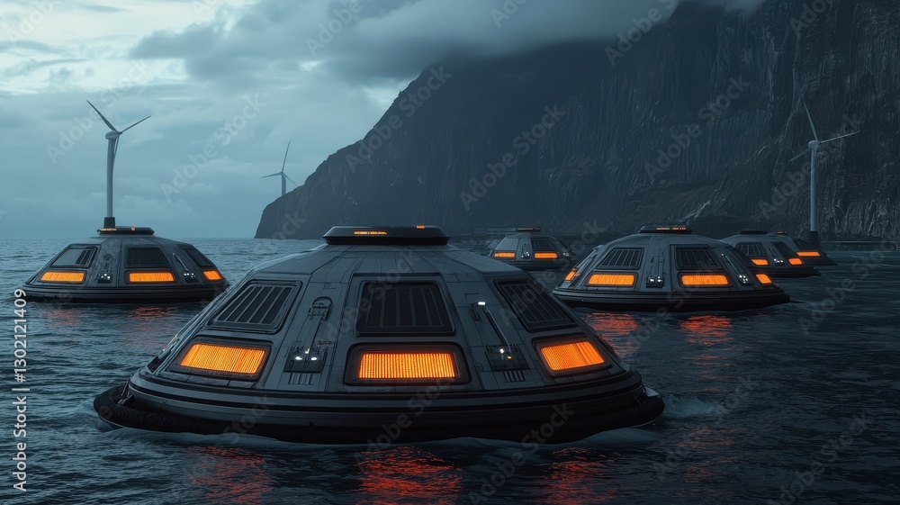 Poster futuristic exploration of floating structures ocean view surreal digital art dramatic atmosphere