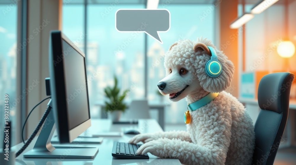 Poster canine call center: poodle with headset working at computer in modern office with speech bubble.