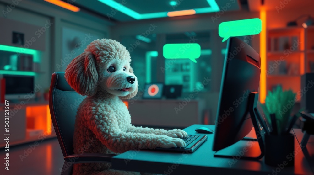 Poster poodle character uses a computer, complete with speech bubbles, in an office-like setting with neon 