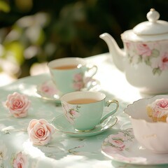 Fototapeta premium Delicate Tea Party with Rose-Adorned Teacups, Teapot, and Cake in a Garden Setting