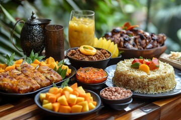 Breaking Fast Atmosphere depicting on a dining table decorated with a sunset view, perfecting the beauty of breaking fast meal in a luxury restaurant with family
