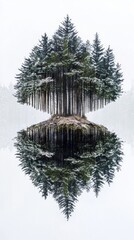 Symmetrical Evergreen Forest Reflecting in Still Water During Winter Snowfall Landscape