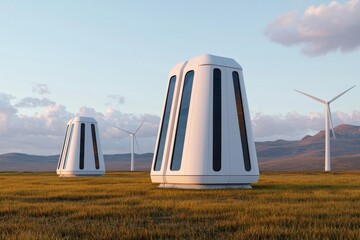 Innovative wind turbine design renewable energy site digital render open field low angle sustainability concept