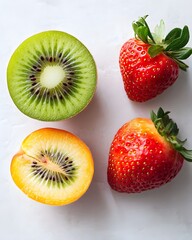 Kiwi with rough skin reveal a green interior, full of small seeds. Soft fluffy peach with sweet aroma and red strawberry showing the clarity of its fresh and juicy seeds