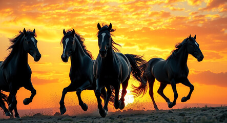 horse running in the fire background with smoke. (golden hour)	
