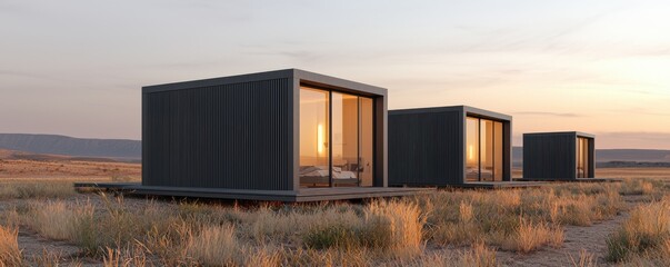 Obraz premium Modern modular homes in desert landscape architectural photography sunset viewpoint contemporary design