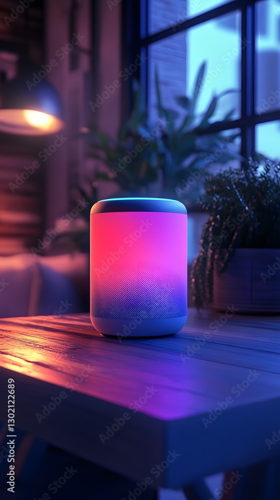 Poster illuminated smart speaker: a glowing smart speaker sits on a rustic wooden table by a window, with i