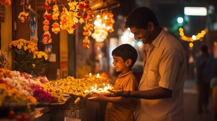 Father and Son Light Diyas at a Flower Market