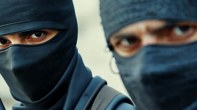 Two masked figures convey intensity and mystery in a stealthy atmosphere.