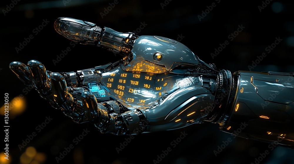 Poster futuristic robotic hand with glowing palm displaying data.
