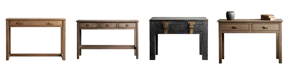 Elegant wooden desks tables and other furniture pieces suitable for stylish home and office interiors with various design elements like drawers shelves and storage
