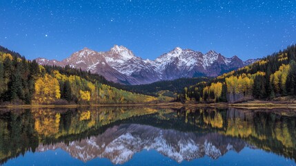 Autumn Lake Reflection With Starry Night Sky and Snowy Mountain Peaks
