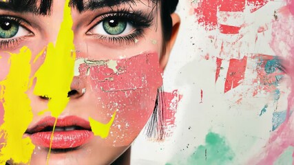 Artistic Portrait of a Woman Amidst Colorful Peeling Paint Texture, Highlighting Psychological Concepts of Protection Against Bullying and Harassment in a Visually Striking Style