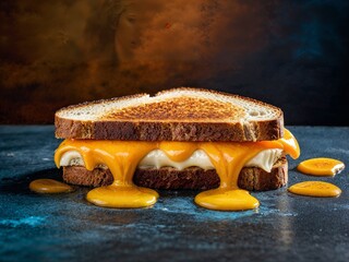 A perfectly grilled cheese sandwich. The melted cheese spreads out in a thick layer, and the detailed texture of the crispy bread looks irresistibly appetizing. Generative AI.