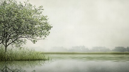 Serene Foggy Lake with Solitary Green Tree