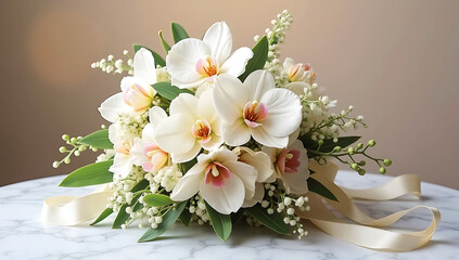Elegant Cascading Orchid Wedding Bouquet on Marble Table – Luxurious Floral Inspiration"