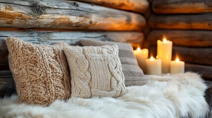 Cozy cabin interior with knitted pillows, fur, and candles.
