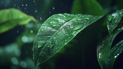 Lush green tropical leaves with dewdrops, creating a fresh and vibrant natural botanical background