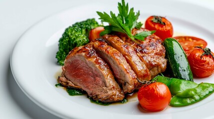 Delicious Grilled Beef Tenderloin Medallions Served with Fresh Garden Vegetables on a White Plate