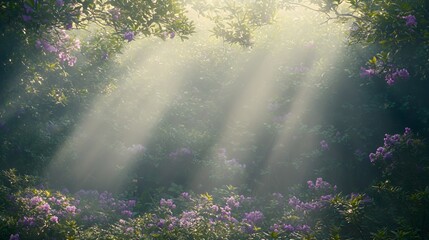 Sunbeams Through Misty Forest with Purple Flowers