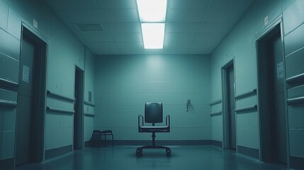 Chair is sitting in the middle of a hospital hallway