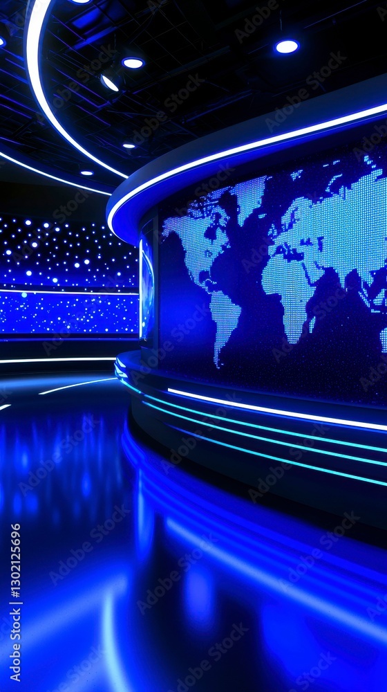 Poster immersive broadcast studio with a glowing world map backdrop and sleek modern design elements