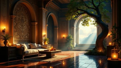 Serene Indoor Oasis A Luxurious Lounge with Ornate Details, Soft Lighting, and a Majestic Tree Framing a Panoramic View