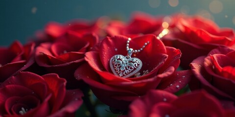 A delicate heart-shaped pendant necklace rests gently within the velvety petals of a cluster of crimson roses, glistening with dew drops.